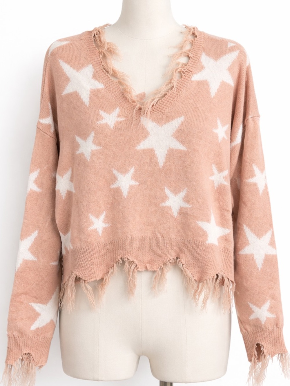 UK2LA Blush and White Distressed Star V-Neck Sweater